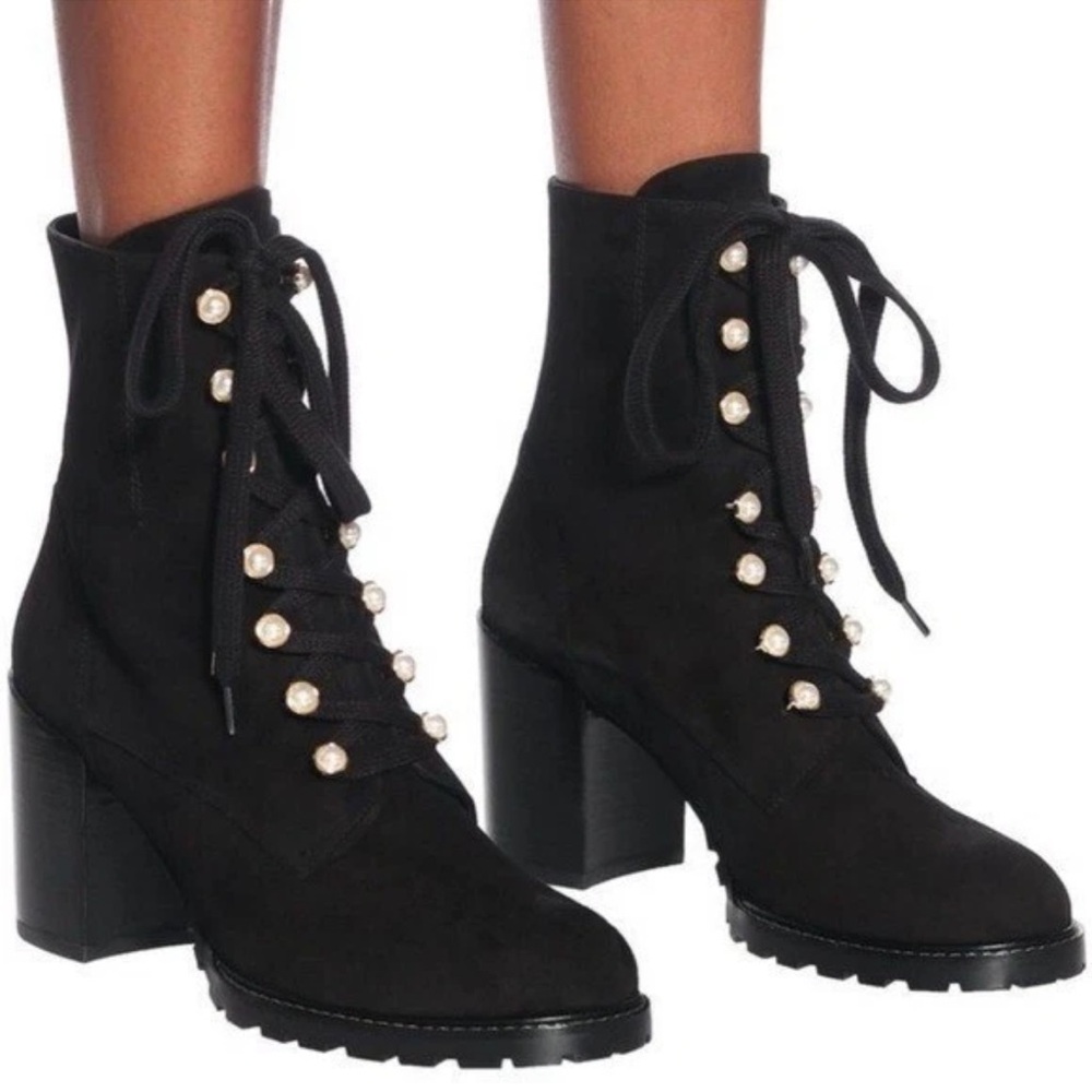 Stuart Weitzman Ivey Black Ankle Boots with Pearl Detailing suede 6.5